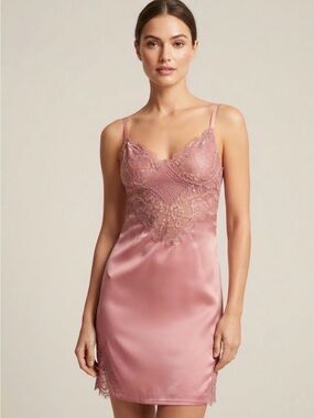 Mind Code Women's Pink Satin and Lace Slip Chemise Nightgown - Size L